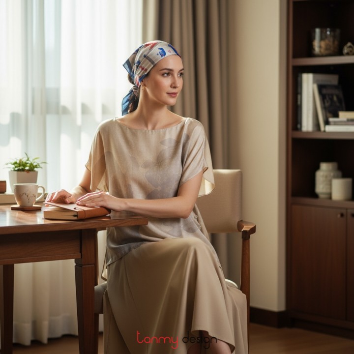 Áo sơ mi lụa tay ngắn cổ thuyền mẫu Đoàn kết thạch anh khói